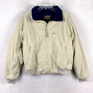 VTG Eddie Bauer Bomber Jacket Mens M Beige Fleece Lined Preppy 80s 90s USA